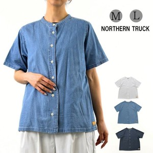 Button Shirt/Blouse Shirtwaist Ladies fashion Band Collar Short Sleeve Front Opening