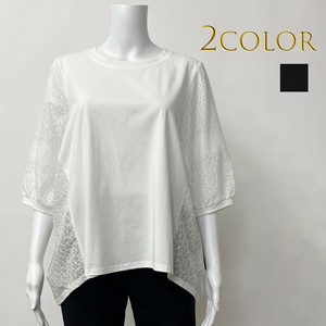 【2025春夏新作】【M〜L】【キャリア】【ミセス】無地＆レース配色Tシャツ　cm500752