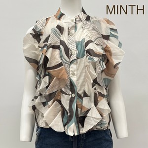 【イタリア製】MINTH アートリーフ柄 フロントフリルデザイン リヨセル ノースリーブブラウス