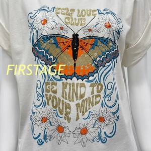 【イタリア製】FIRSTAGE バラフライ・花イラスト箔プリント  折り返し袖デザインTシャツ