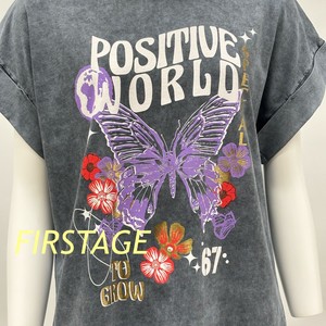 【イタリア製】FIRSTAGE バタフライ・英文字箔プリント 折り返し袖デザイン ヴィンテージTシャツ
