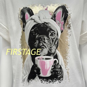 【イタリア製】FIRSTAGE バスタイム後フレンチブルドッグ箔プリント  折り返し袖デザインTシャツ