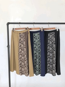 コットン100%植物柄プリント配色切り替えギャザースカート
