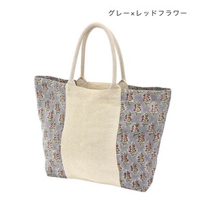 ブロックプリントジュートBIGトートバッグ グレー×レッドフラワー 15625750547
