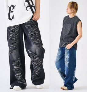 <2025定番商品>11.5ozデニム　ハードダメージ加工バギーパンツ/ユニセックス　リペア加工　裾ヒモあり
