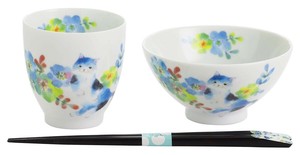セラミック藍 花猫飯碗湯呑 ブルー(天宝箸付) 23211