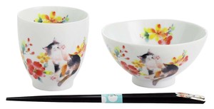 セラミック藍 花猫飯碗湯呑 レッド(天宝箸付) 23210