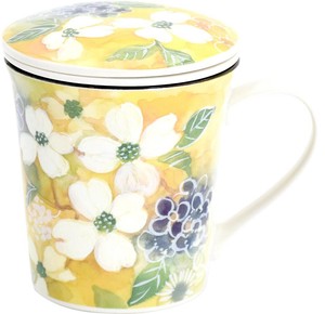 セラミック藍 蓋付マグカップ ハナミズキ(茶漉し付) 60204