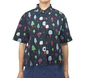 Button Shirt/Blouse black Tree Short Sleeve Shirt