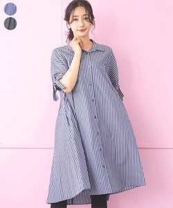 Casual Dress Sleeve Ribbon Stripe A-Line Shirt Dress 100% Cotton [2025 NEW]