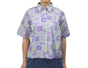 Button Shirt/Blouse Flower Purple Flowers Short Sleeve Shirt