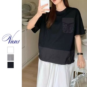 【新作】レースポケットデザインカットソー　裾ドロスト　コットン　異素材　3色展開