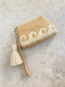 おすすめ★【SALE★在庫限り】両面手刺繍ジュートminiポーチ 波柄 (手刺繍)