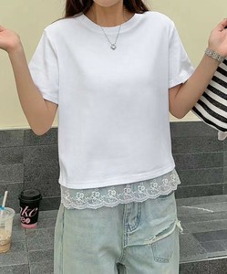 レースヘムアクセントTシャツ レディース 半袖 夏 シンプル Tシャツ レース