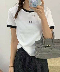 リボン刺繍カラーブロックTシャツ レディース 夏 半袖 Tシャツ ポイント刺繍