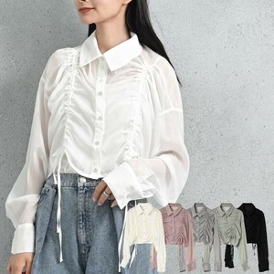 Button Shirt/Blouse Lame Sheer Shirring