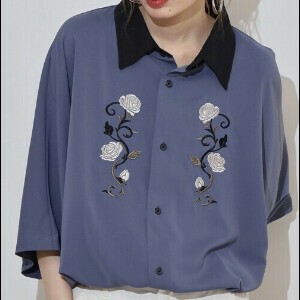 バラ刺繍 ルーズサイズドルマンシルエット クレリックとろみシャツ【2025夏】