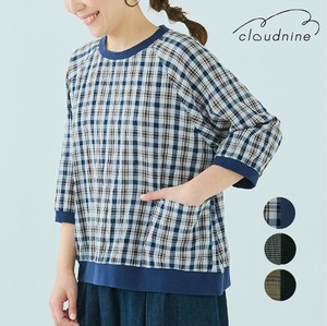 Button Shirt/Blouse Check Pattern Cotton Switching 7/10 length