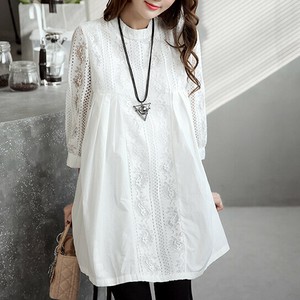 ※シミ、糸抜けあり【OUTLET80%OFF】EH2731o-L 長袖刺繍シャツ 丈長め 胸元切り替え 体型カバー 上品 春 秋