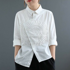 ※シミあり【OUTLET80%OFF】EH2668o-M デザインシャツ  刺繍 長袖 春 秋 エレガント ホワイト