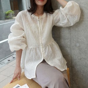 Button Shirt/Blouse Summer Spring Peplum Zipped Sheer Jacquard