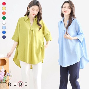 【2025新作】【再入荷】【M〜L】五分袖スキッパーVネックシャツブラウス（C37-284B）(5号店)FM5