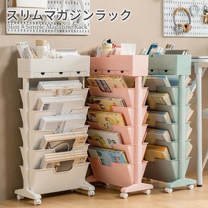 【SIS卸】スリム ブックスタンド◆キャスター付 マガジンラック◆雑誌ラック 5段 ＋ 小物入れ◆