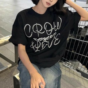 半袖デザインTシャツ イミテーションパールアルファベット カジュアル 夏   【2025SS】 ONA2068