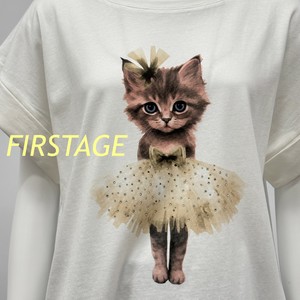 【イタリア製】FIRSTAGE ネコバレリーナプリント×ビーズ  折り返し袖デザインTシャツ