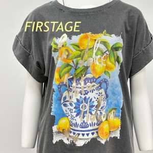 【イタリア製】FIRSTAGE レモン・花瓶×箔英文字プリント  折り返し袖デザイン ヴィンテージTシャツ
