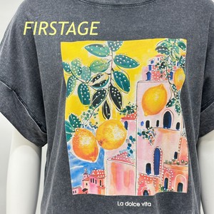 【イタリア製】FIRSTAGE レモン・街並みプリント×ビーズ  折り返し袖デザイン ヴィンテージTシャツ