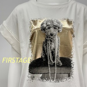 【イタリア製】FIRSTAGE トイプードル箔プリント  折り返し袖デザインTシャツ