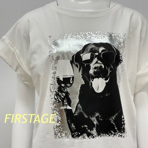 【イタリア製】FIRSTAGE ワイングラス・ラブラドール箔プリント  折り返し袖デザインTシャツ