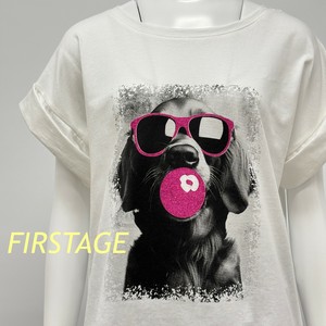 【イタリア製】FIRSTAGE ピンクサングラス・ボール・ダックスフンドプリント  折り返し袖デザインTシャツ