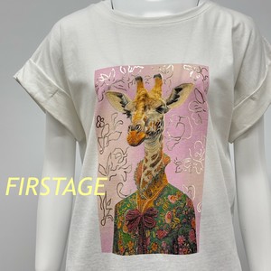 【イタリア製】FIRSTAGE キリン・箔花柄プリント  折り返し袖デザインTシャツ