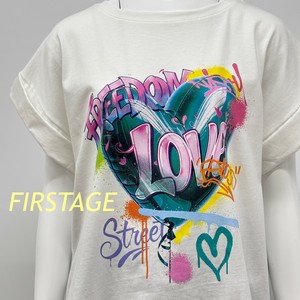 【イタリア製】FIRSTAGE ロゴ・ハートスプレーアートプリント  折り返し袖デザインTシャツ