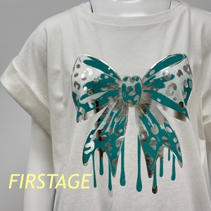 【イタリア製】FIRSTAGE ヒョウ柄箔・リボンペイントアートプリント  折り返し袖デザインTシャツ