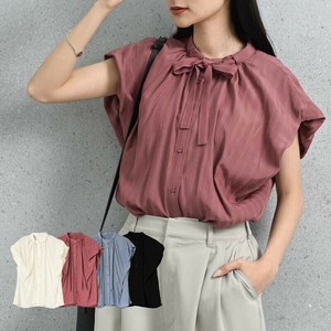 Button Shirt/Blouse French Sleeve Shadow Stripe Bow Tie
