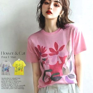 ☆NEW！☆フラワー＆猫 プリント Tシャツ 半袖【綿混】【F】【XL】
