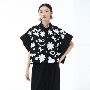 u28375トップス レディース シャツ Tシャツ 3色 プリント ショールカラー ゆったり 韓国風 2025夏新作
