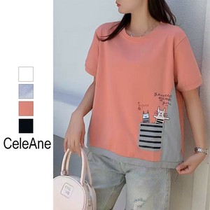 【新作】ボーダーポケット＆飛び出る猫カットソー　　コットン　4色展開