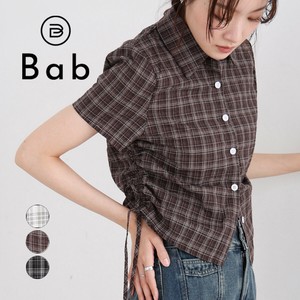 Button Shirt/Blouse Check Shirring Side Ribbon