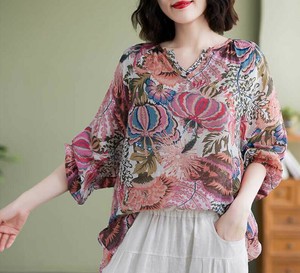 シャツ   Vネック  半端袖 花柄 綿麻  ゆったり  快適     レディース ファッション   DYLB790