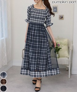Casual Dress Check Pattern Long Dress Short Sleeve