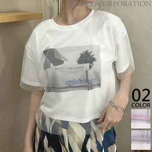 チュールドッキングフォトプリント刺繍Tシャツ