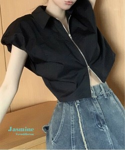 【Jasmine】バルーンスリーブシャツブラウス レディース 半袖 ジップアップ 夏