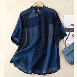 Button Shirt/Blouse Check Pattern Collarless