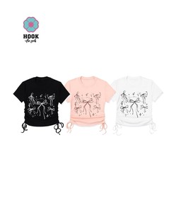 【HOOK】for　girls　裾シャーリングリボンプリント半袖TEE レディース 夏 Tシャツ