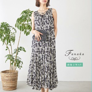【Fanaka2025SS新作】綿レーヨンモノトーンプリントスリーブレス裾フレアワンピース