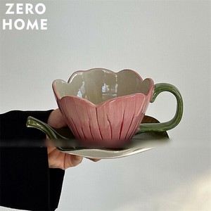 手描きピンクチューリップコーヒーカップ＆ソーサーセット陶器製